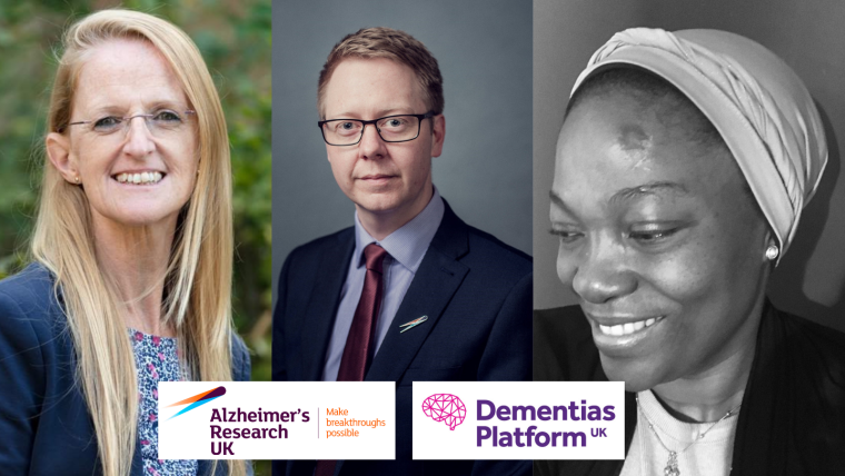 A photo of the people involved in the Inspire Fund grant: Dr Sarah Bauermeister, Tim Parrynew and Feyi Raimi-Abraham, plus the ARUK and DPUK logos.