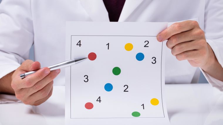 A cognitive test showing numbers and coloured dots