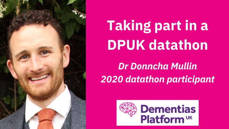 A portrait of Dr Donncha Mullin accompanied by the DPUK logo and text reading 'Taking part in a DPUK datathon; Dr Donncha Mullin, 2020 datathon participant'.