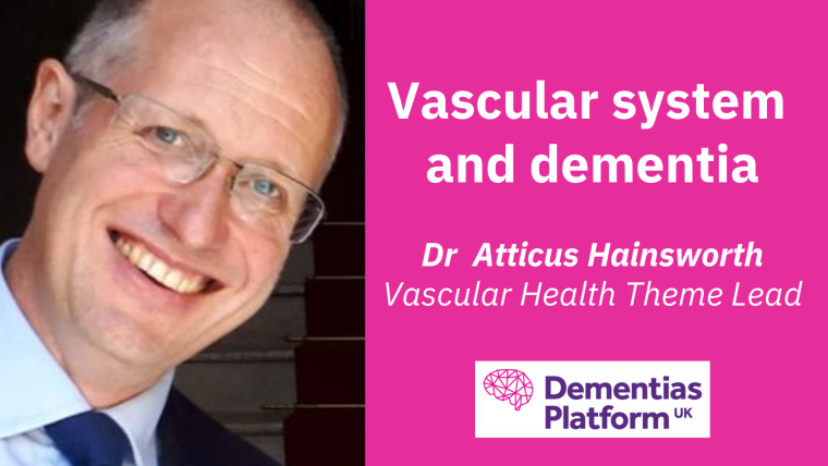 A portrait of Dr Atticus Hainsworth beside a pink background with the title 'Vascular System and Dementia'.